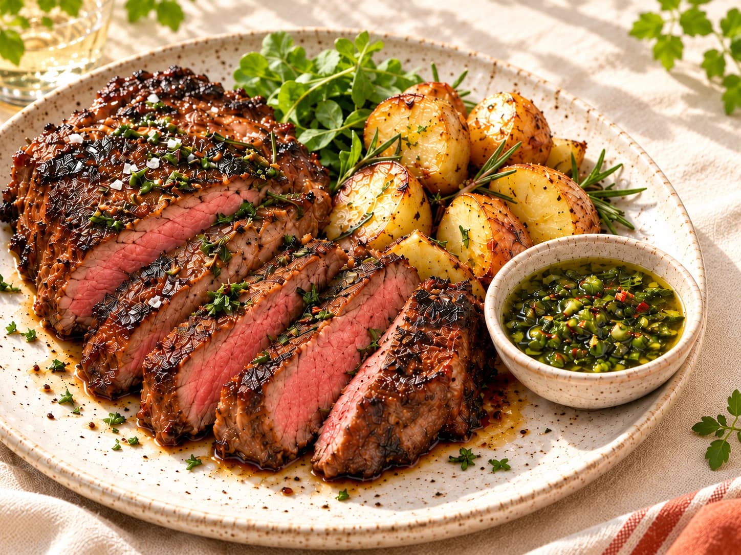 Sliced steak with golden roast potatoes, fresh herbs and chimichurri on a sunlit table. Styled serving suggestion.